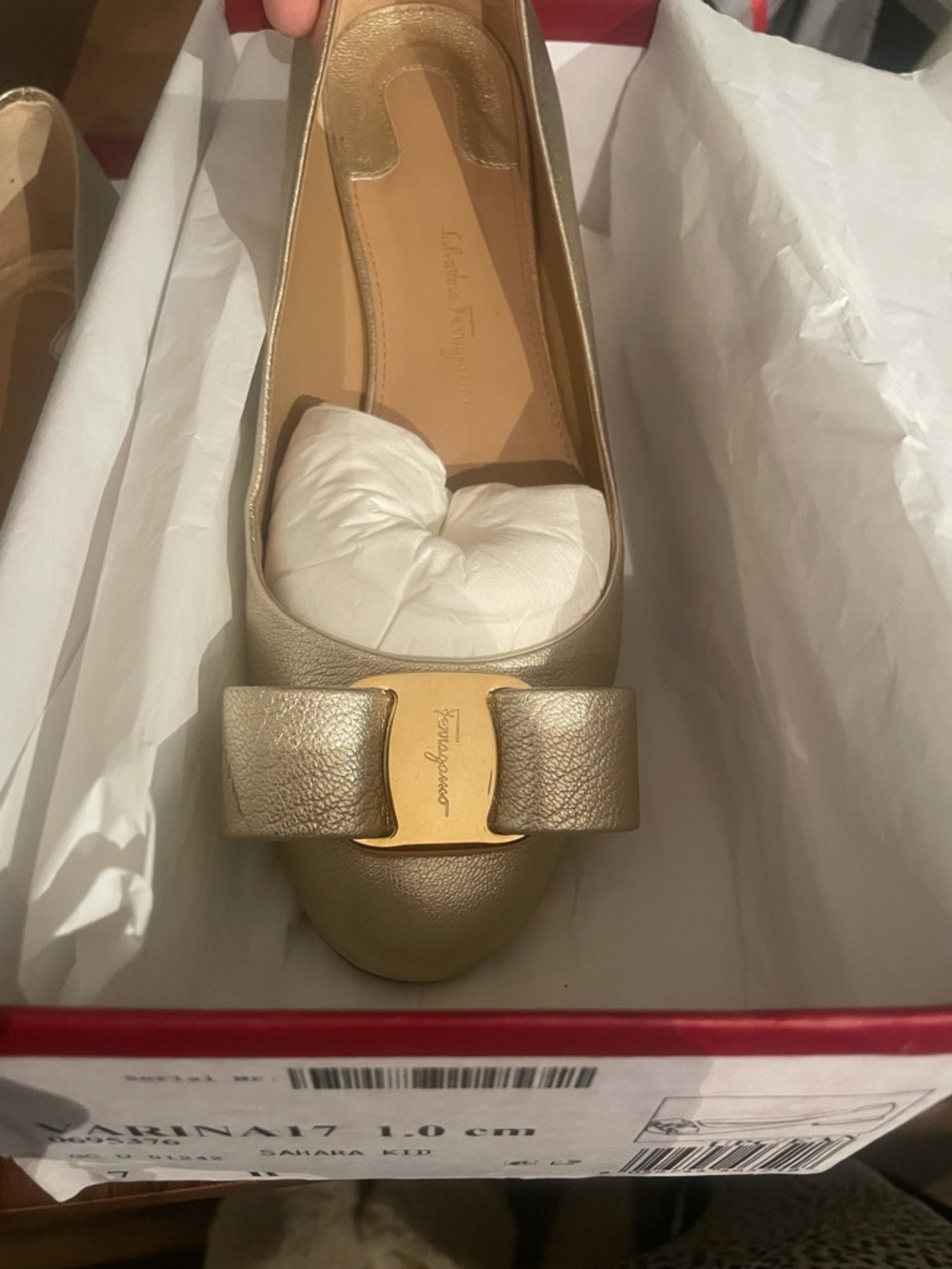 Salvatore Ferragamo Metallic Gold Varina Bow Leather Flat